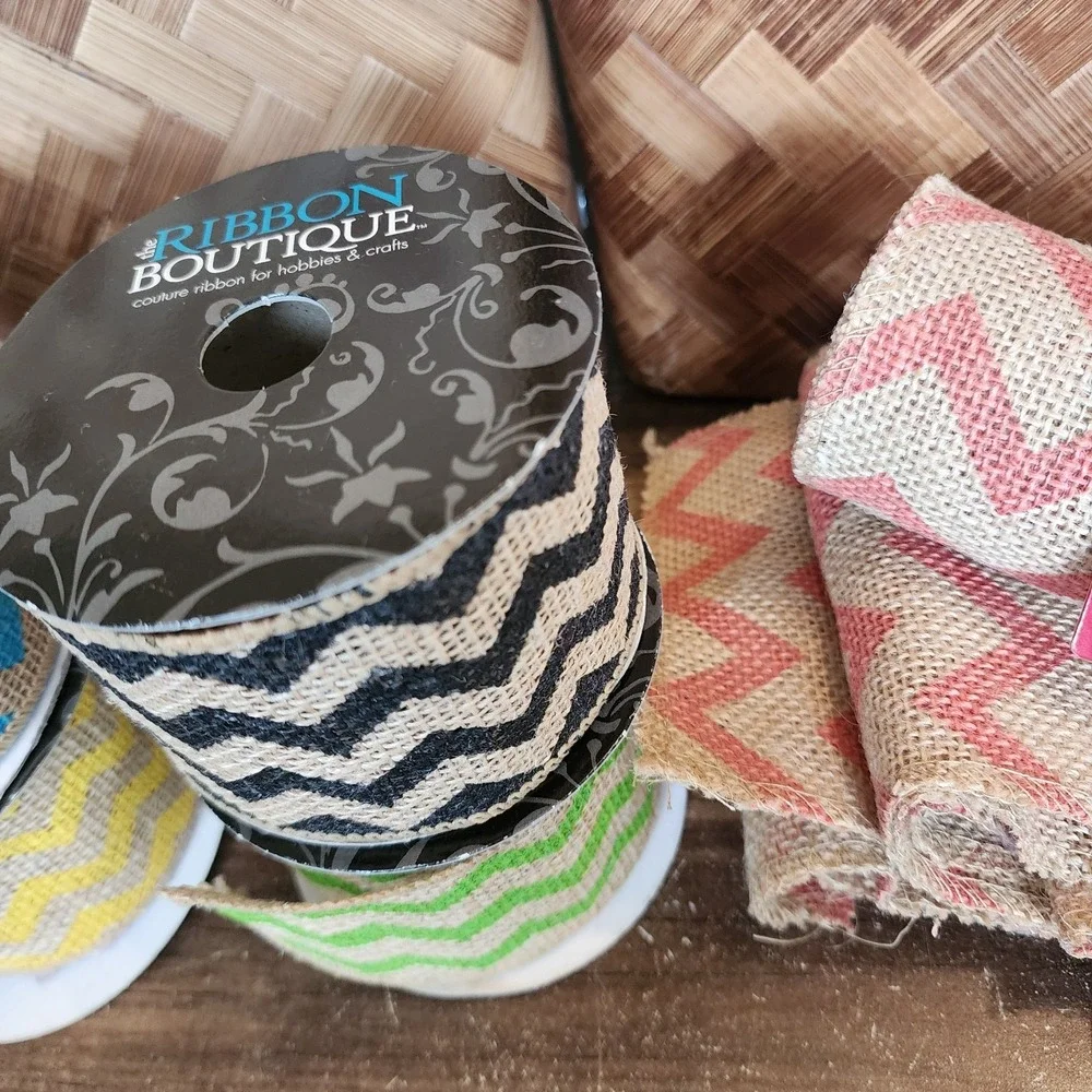 Lot of 6 Assorted Jute Ribbon Burlap Ribbon Chevron Red Green Yellow‎ Blue Black